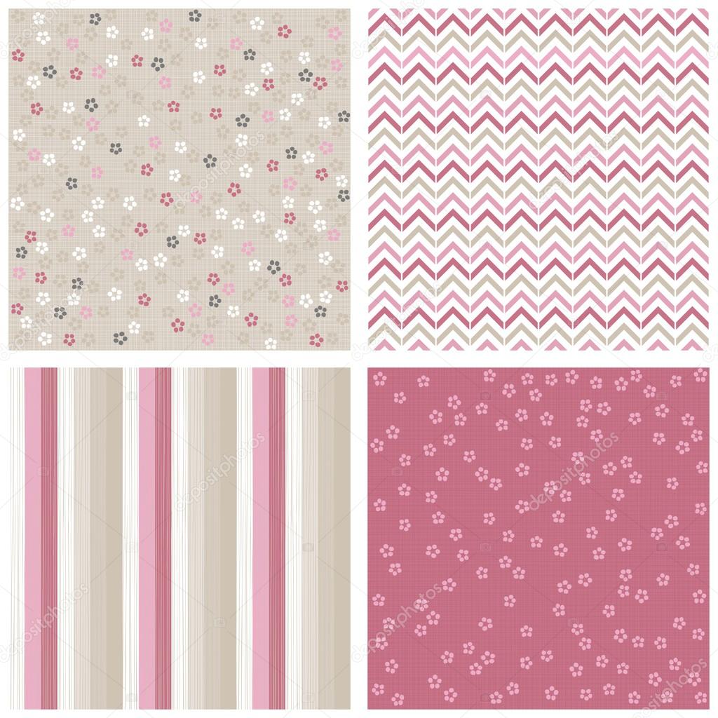 White pink gray blue little dotted flowers chevron stripes on light background romantic floral geometric seamless pattern set