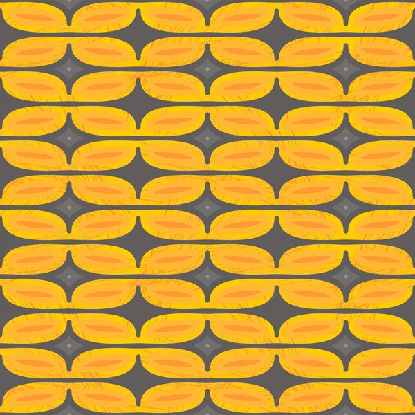 Gula orange blad formade rundade element i vanliga horisontella rader geometriskt retro seamless mönster på grå bakgrund — Stock vektor