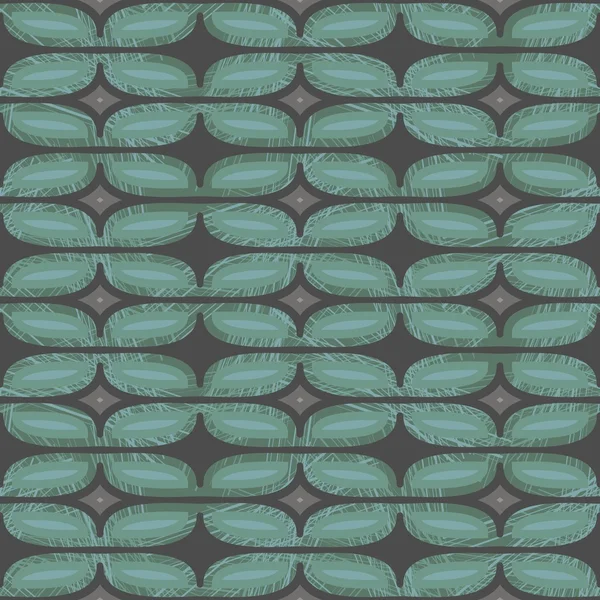 灰色の背景で幾何学的なレトロなシームレス パターン正規の水平方向の行で丸みを帯びた要素の形をした青い青緑色葉 — ストックベクタ