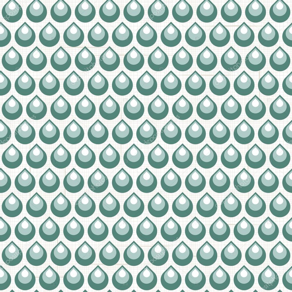 Beige turquoise white drop shaped elements in regular rows on white background geometric retro seamless pattern