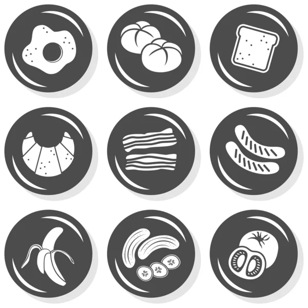 Eggs bread toast croissant bacon sausages fruit vegetables monochrome isolated gray flat icon set with light shadow on white background — Stock Vector