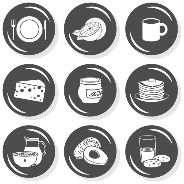 Plate mug cheese jam pancakes cereal milk cookies fruit vegetables monochrome isolated gray flat icon set with light shadow on white background — Stock Vector