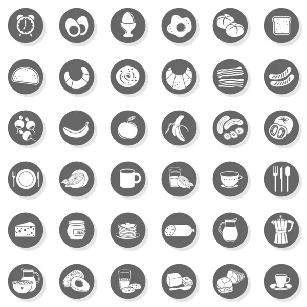 36 eggs bread fruit vegetables juice milk cereal meat sausages cheese cutlery coffee monochrome isolated gray flat icon set with light shadow on white background — Stock Vector