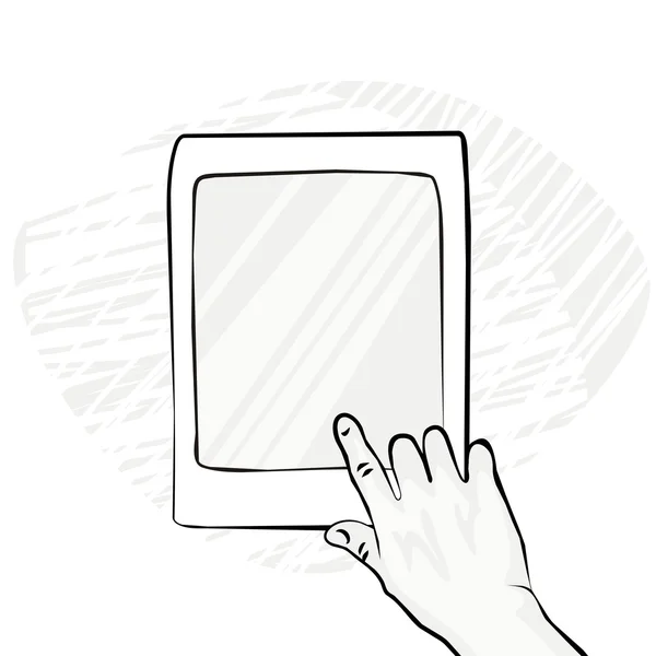 흰색 바탕에 태블릿 새로운 기술 흑백 그림의 화면을만 지는 남자 — 스톡 벡터