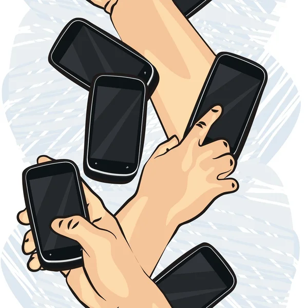 Man vidrör skärmen och hålla telefon smartphone färgglada illustration på vit bakgrund teknik sömlös lodrät kantlinje — Stock vektor