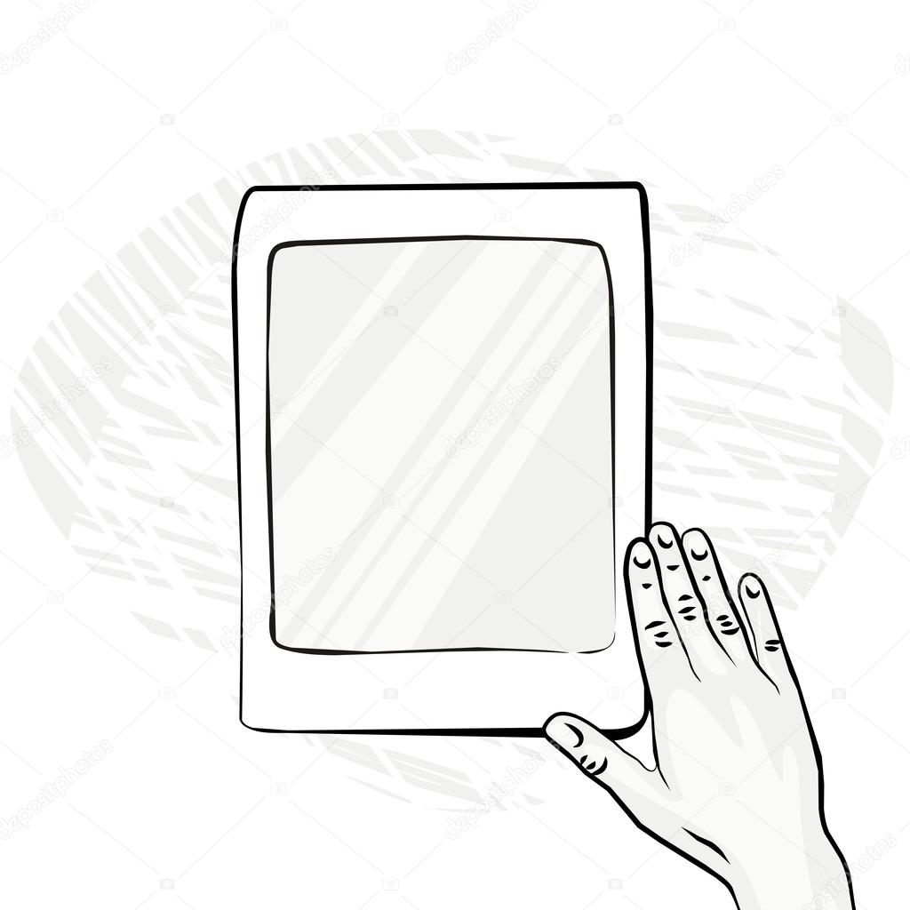 Right hand on the tablet new technology monochrome illustration on white background