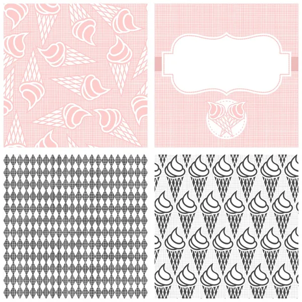 Helado en cuernos postre monocromo blanco rosa y gris gráfico dulce patrón inconsútil conjunto — Vector de stock