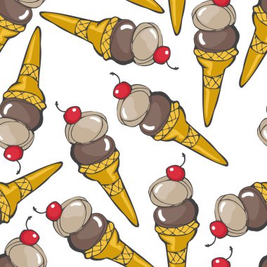 Çikolatalı fındık dondurma koni ile beyaz zemin üzerine kırmızı vişne dağınık tatlı renkli tatlı seamless modeli