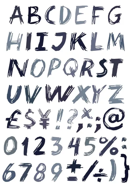 Gris azul lápiz dibujado a mano letras y números alfabeto latino y elementos de escritura sobre fondo blanco educación conjunto — Archivo Imágenes Vectoriales