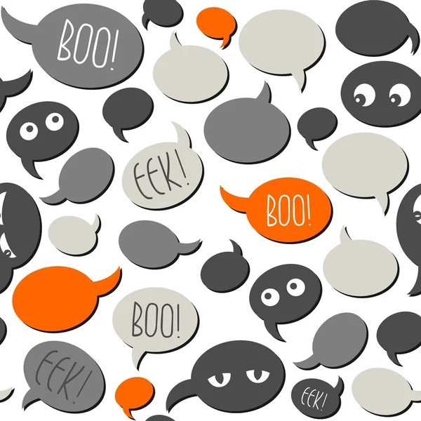 Halloween related text and designs on gray orange talk bubbles on white background seamless pattern — Stock Vector