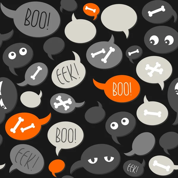Halloween relaterade text och mönster på grå orange prata bubblor på mörk bakgrund seamless mönster — Stock vektor
