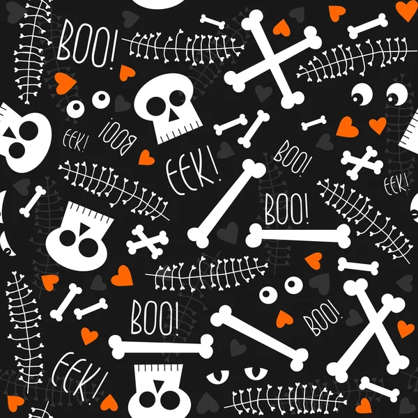 Halloween relacionados cráneos huesos ojos corazones y hojas sobre fondo oscuro patrón sin costuras — Archivo Imágenes Vectoriales