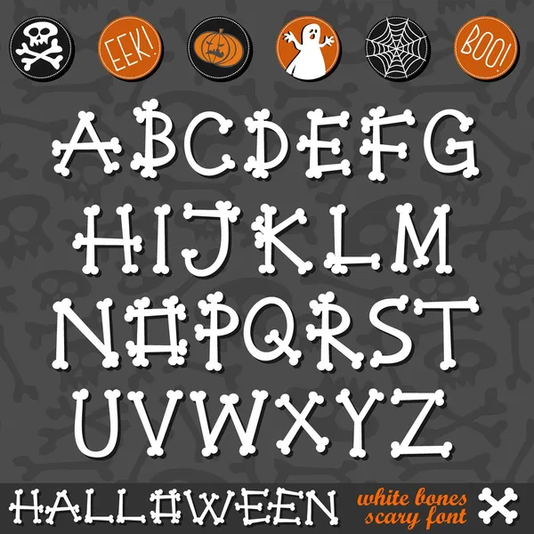 Halloween white bones scary font lateinisches Alphabet und halloween-bezogene Knöpfe auf dunklem Hintergrund Bildungs-Set — Stockvektor