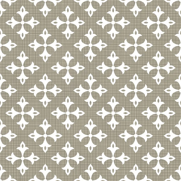 Retro white four armed simple star floral shaped elements in rows on gray brown background abstract geometric seamless pattern — Stock Vector