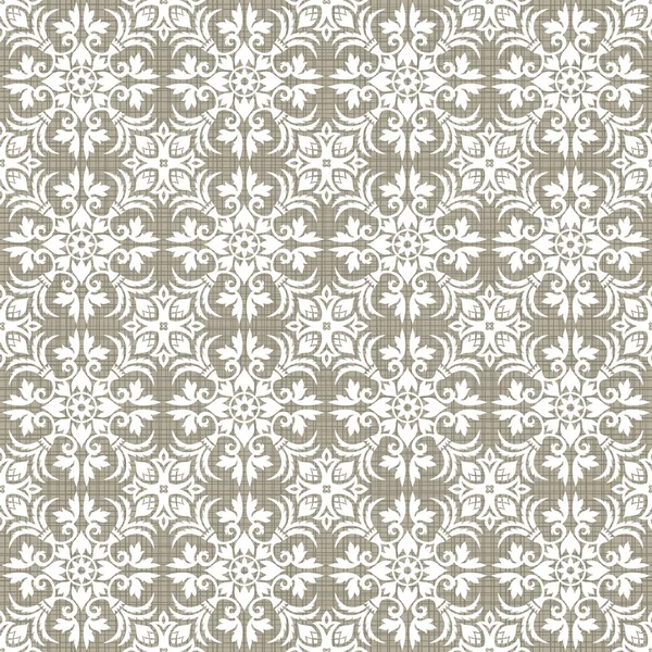 Retro white flowers ans leaves square shaped elements in regular rows on gray brown background abstract geometric seamless pattern — Stock Vector