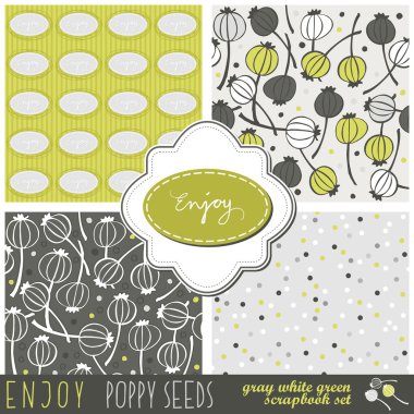 haşhaş tohumu ve iki yeşil gri karışık çiçek noktalı tipografik seamless modeli scrapbook kitaplığınıza çerçeveler