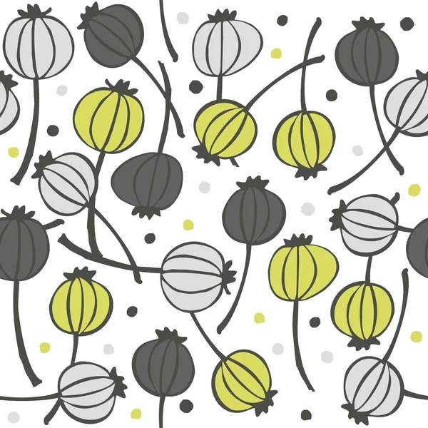 Green gray messy poppy seed fruit pattern with seeds doodle seamless pattern on white background — Stock Vector