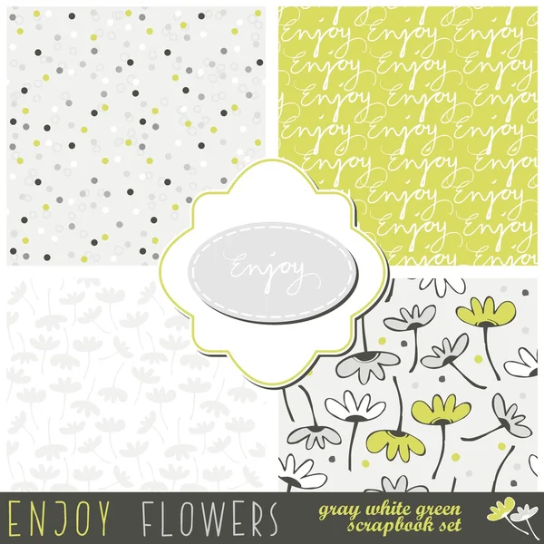 Green gray messy floral dotted typographic seamless pattern set with two frames your scrapbook library — Stock Vector