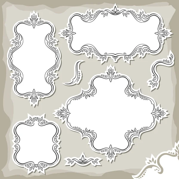 Vintage floral doodle frame set gray white isolated elements on light background — Stock Vector