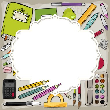 farklı okuldan araçları renkli eğitim arka plan etrafında boş vintage çerçeve