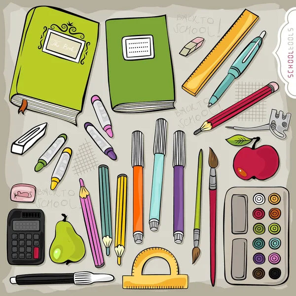 Different school tools colorful set of isolated elements on light background — Stock Vector
