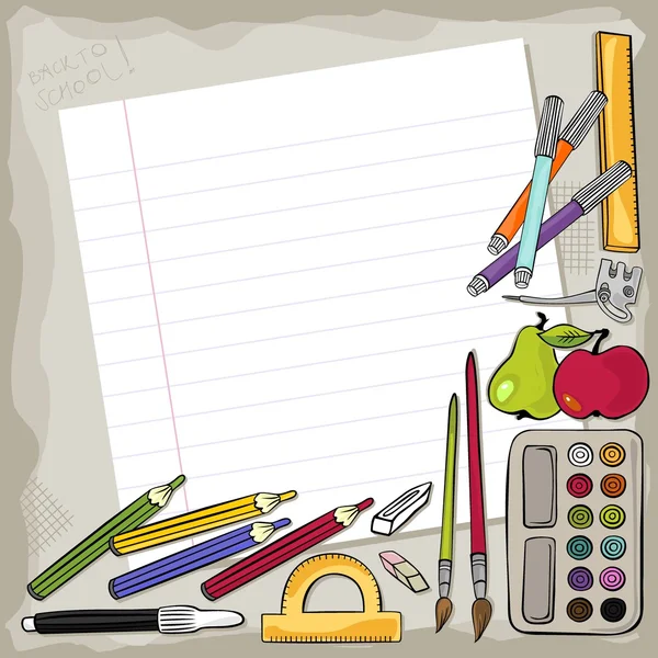 Pièce vierge de papier gouverné avec différents outils scolaires autour d'un fond d'éducation coloré — Image vectorielle