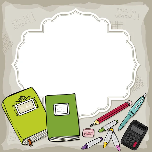 Marco vintage en blanco con diferentes herramientas escolares en la parte inferior de la imagen colorido fondo de educación — Vector de stock