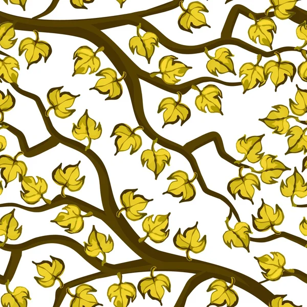 Gelb chaotisch Blätter auf braunen Zweigen Herbstsaison abstrakte botanische nahtlose Muster auf weißem Hintergrund — Stockvektor