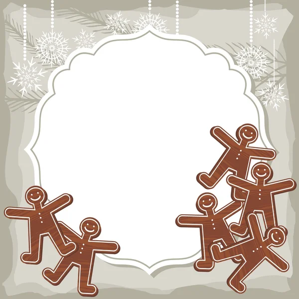 Sweet people shaped gingerbread on vintage frame Christmas winter holidays vector background with place for your text — Stock Vector