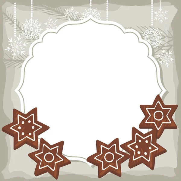 Sweet star shaped gingerbread on vintage frame Christmas winter holidays vector background with place for your text — Stock Vector