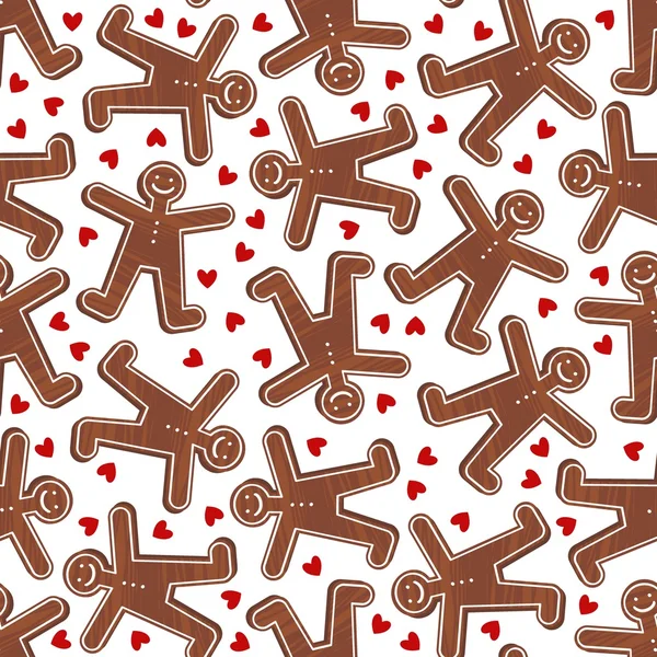 Desordenado gente dulce en forma de galletas de jengibre sobre fondo blanco con pequeños corazones rojos encantador romántico vacaciones patrón sin costuras — Archivo Imágenes Vectoriales