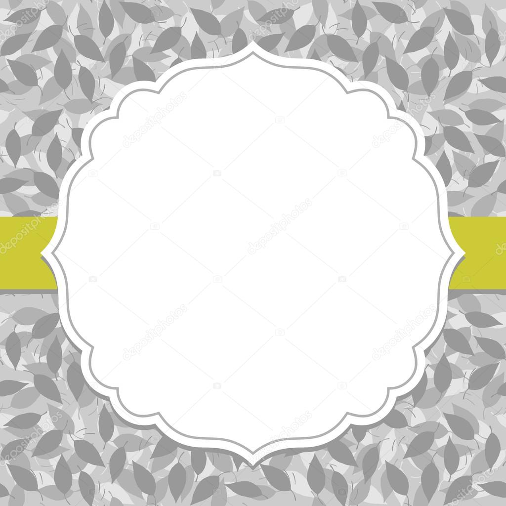 Gray messy leaves in layers monochrome botanical seamless pattern on light background with white retro frame on green horizontal ribbon