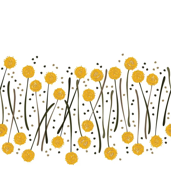 Messy palle billy craspedia bellissimi fiori gialli su sfondo bianco con piccoli punti botanico bordo orizzontale senza soluzione di continuità — Vettoriale Stock