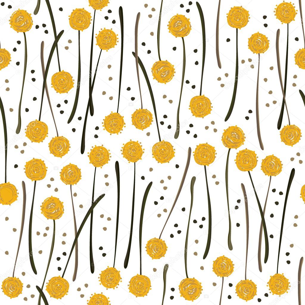 Messy billy balls craspedia beautiful yellow flowers on white background with little dots botanical seamless pattern