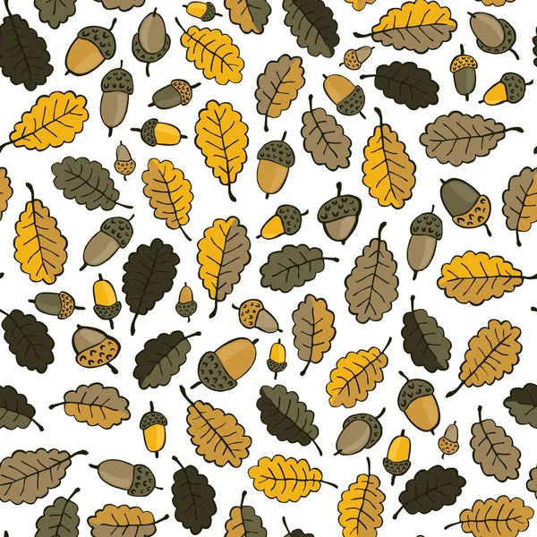 Chaotisch braun gelb Eichenblätter und Eicheln auf weißem Hintergrund schöne botanische nahtlose Muster — Stockvektor