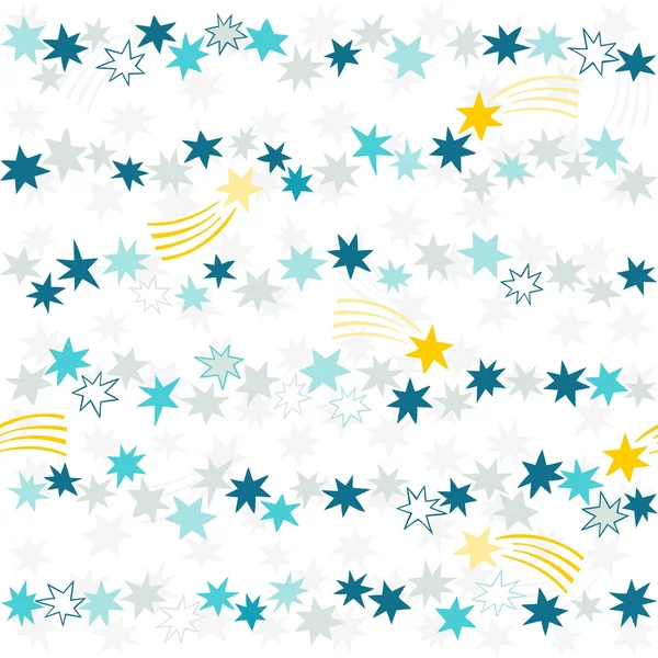 Gold gelb blau grau marine viele chaotische kleine Sterne in horizontalen Reihen schöne Urlaub nahtlose Muster auf weißem Hintergrund — Stockvektor