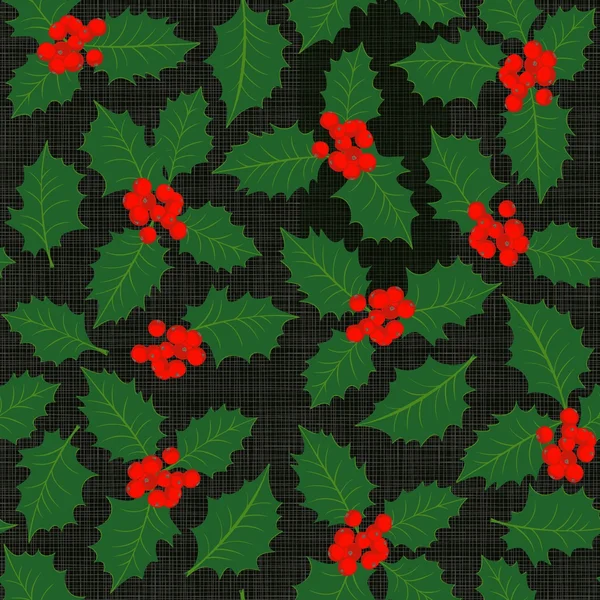 Hojas de acebo verde y bayas rojas en delicadas líneas grises desordenado patrón de vacaciones sin costuras sobre fondo oscuro — Archivo Imágenes Vectoriales