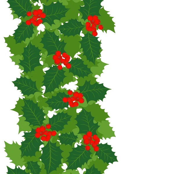 Green holly leaves and red berries on white background Christmas winter holiday seamless vertical border — Stock Vector