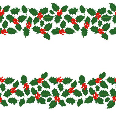 Merry christmas dağınık holly bırakır ve kış tatil çift kesintisiz yatay kenarlık beyaz zemin üzerine çilek