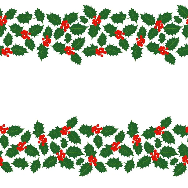 Feliz Natal bagunçado azevinho folhas e bagas férias de inverno dupla fronteira horizontal sem costura no fundo branco — Vetor de Stock