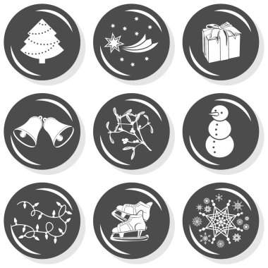 neşeli Noel ağacı yıldız hediye çan kardan adam ökseotu kar taneleri lambalar paten kış tatilleri kutlama düz tek renkli simge seti