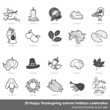 Şükran günün kutlu olsun beyaz gri hassas sınır sonbahar tatil kutlama tek renkli simge seti