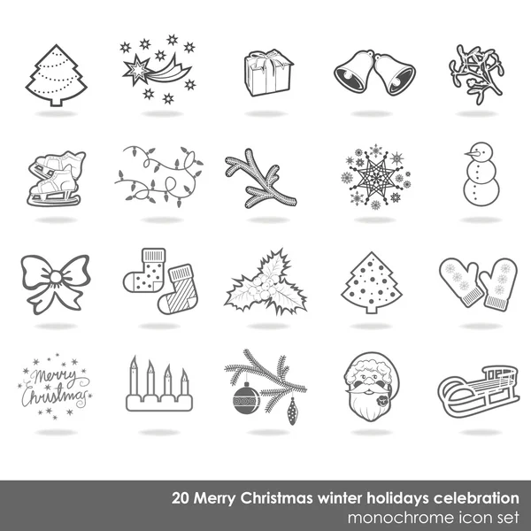 Neşeli Noel beyaz gri hassas sınır kış tatilleri kutlama tek renkli simge seti — Stok Vektör