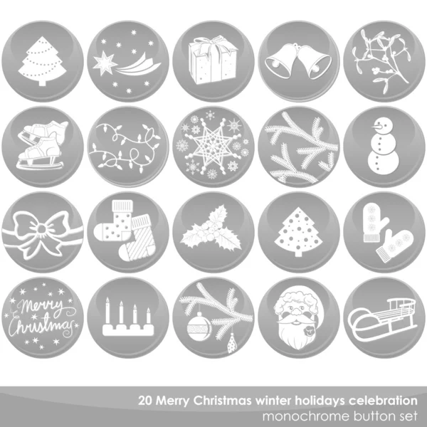 Feliz Navidad gris blanco delicadas vacaciones de invierno celebración monocromo conjunto de botones — Vector de stock