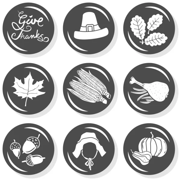 Bedankt wensen hoed eiken esdoorn bladeren eikels maïs pompoen Turkije thanksgiving herfstvakantie viering flat monochroom pictogrammenset geven — Stockvector