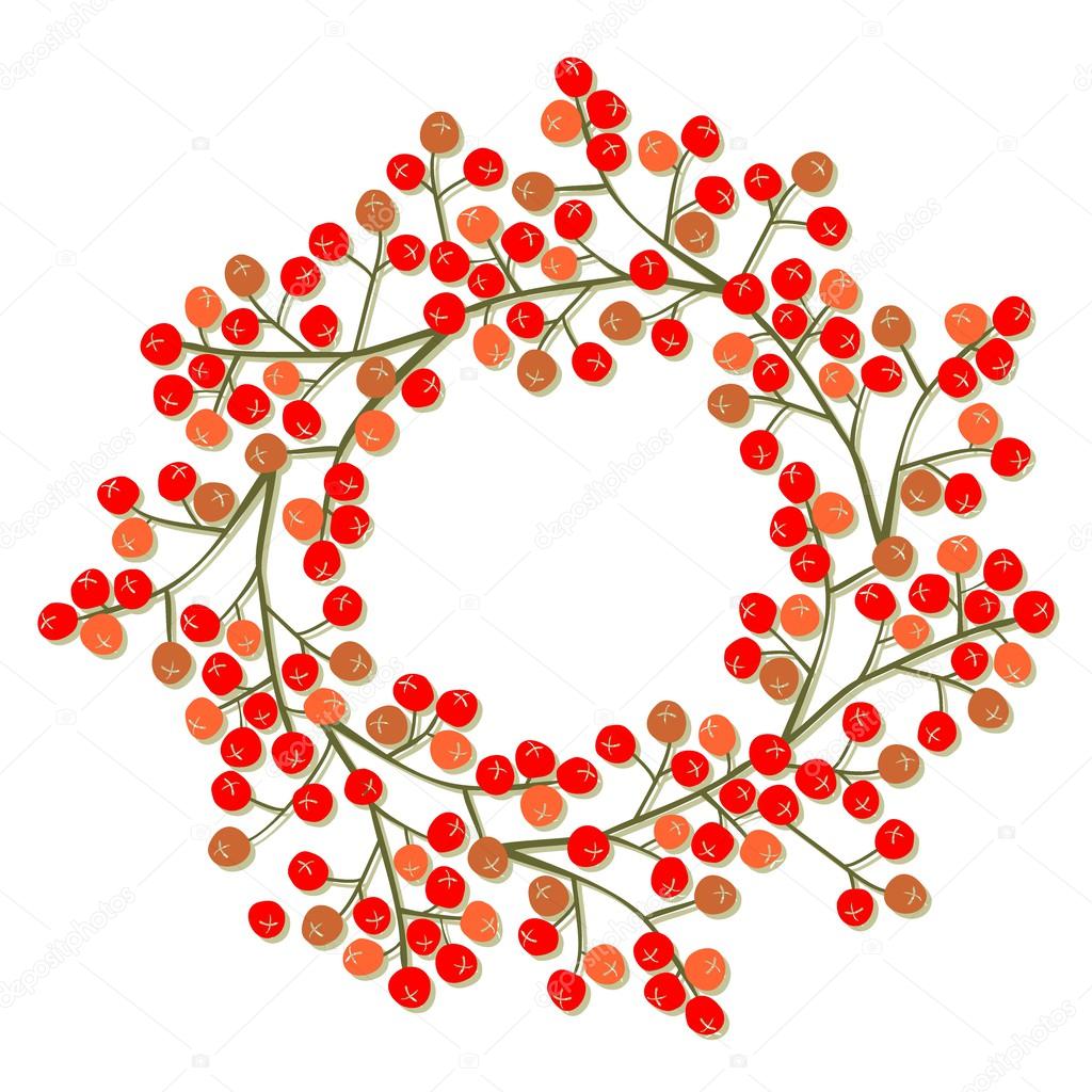 Red orange rowan berry mountain ash berries beautiful delicate autumn season decoration wreath on white background