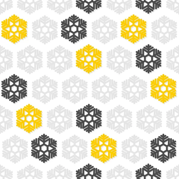 Light and dark gray and yellow snowflakes in regular rows winter seasonal seamless pattern on white background — Stock Vector