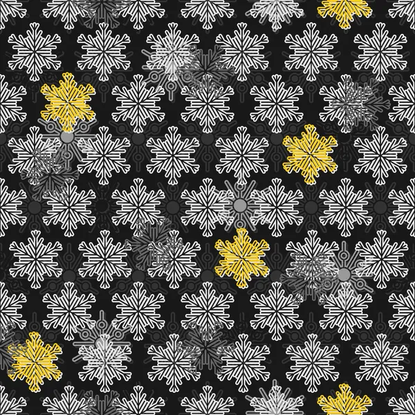 Light and dark gray white and yellow different snowflakes in messy rows winter seasonal seamless pattern on dark background — Stock Vector