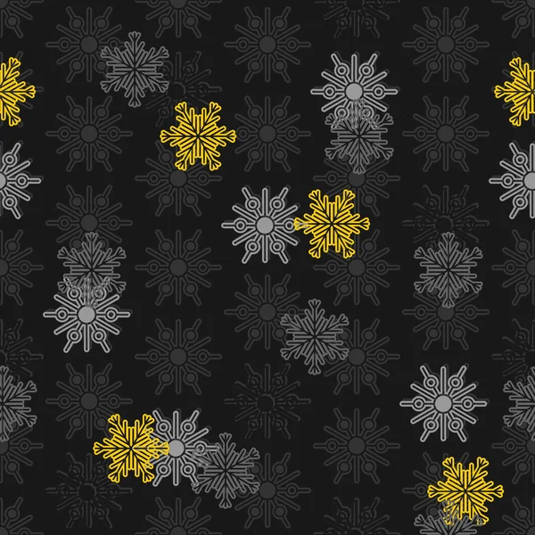 Falling light and dark gray and yellow different snowflakes winter seasonal seamless pattern on dark background — Stock Vector