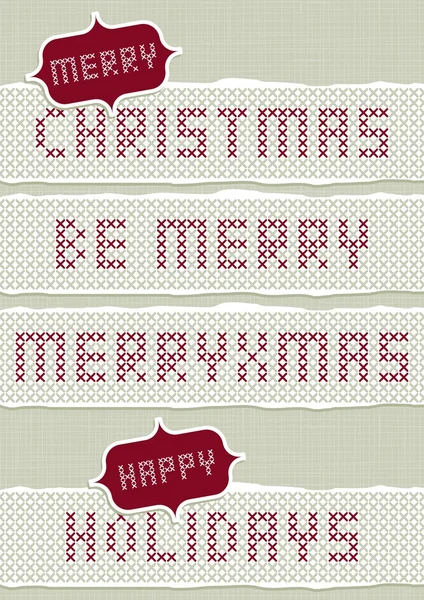 Merry Christmas stitched embroidered red gray torn Christmas wishes set on light background — Stock Vector